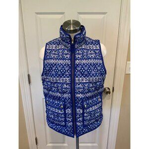 J. Crew Blue & White Nordic Print Puffer Vest Zip-Up, Size Medium
